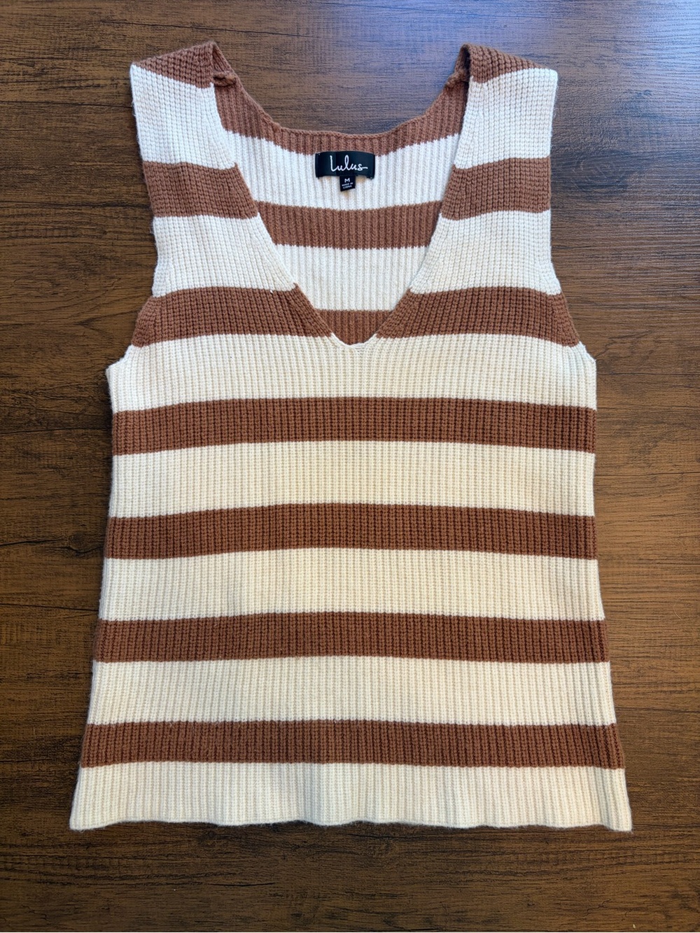 Lulu's Cream & Brown Striped V-Neck Knit Sweater Tank Top